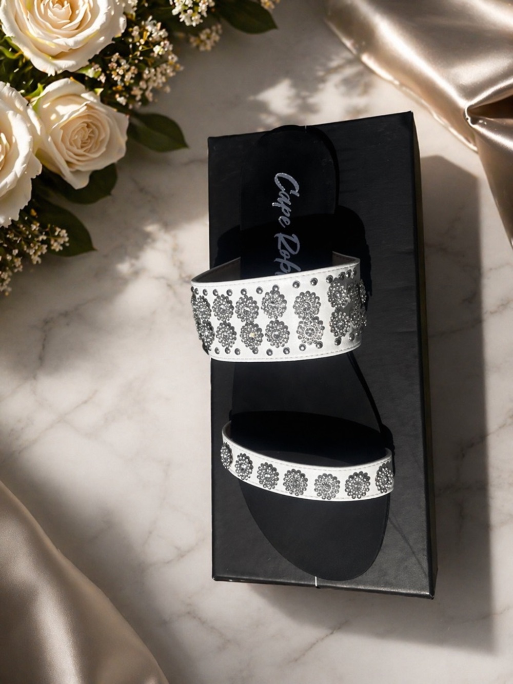 Embellished White Double-Strap Slide Sandal